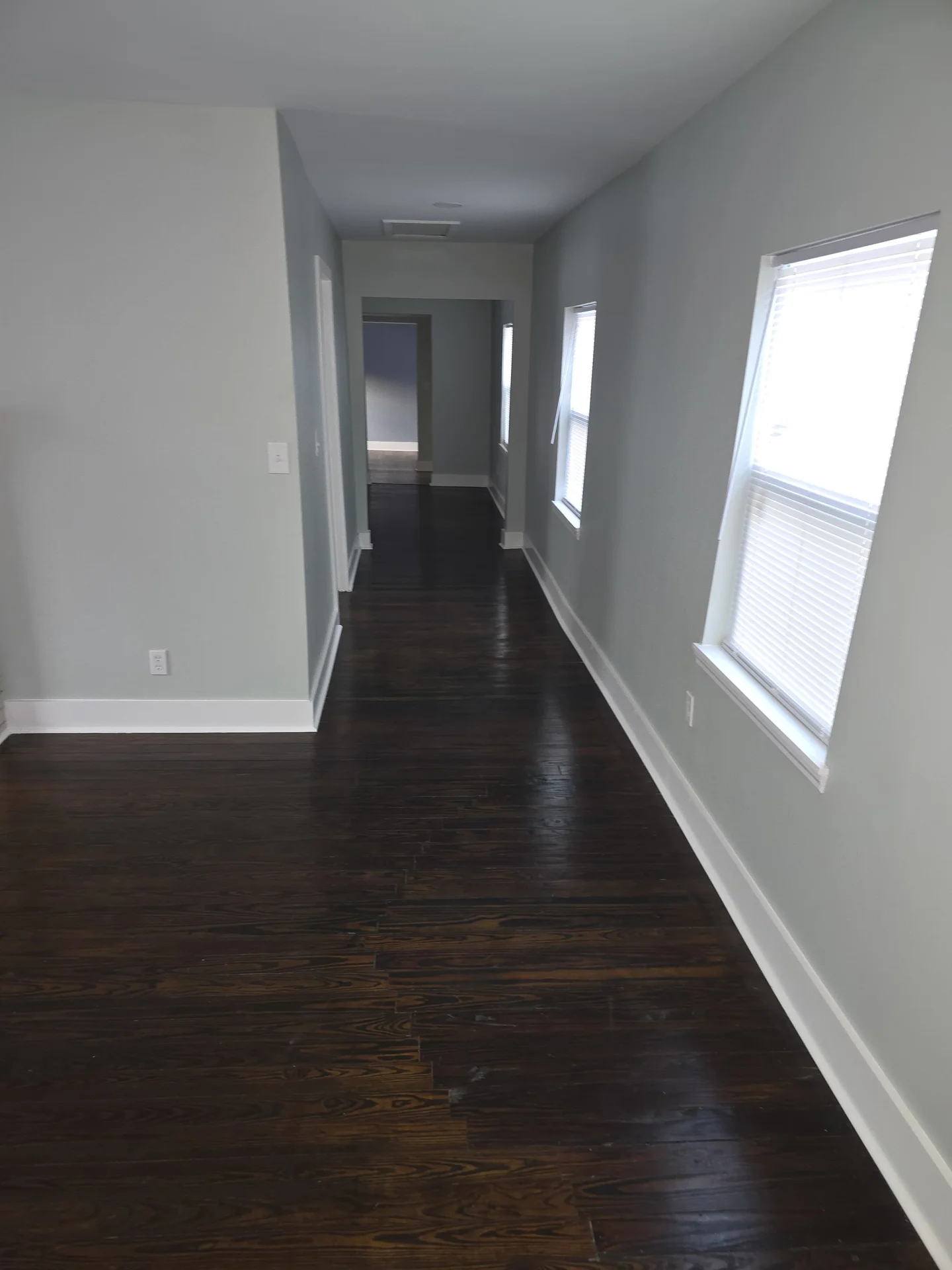 Hallway with dark hardwood floor, gray walls, and white trim